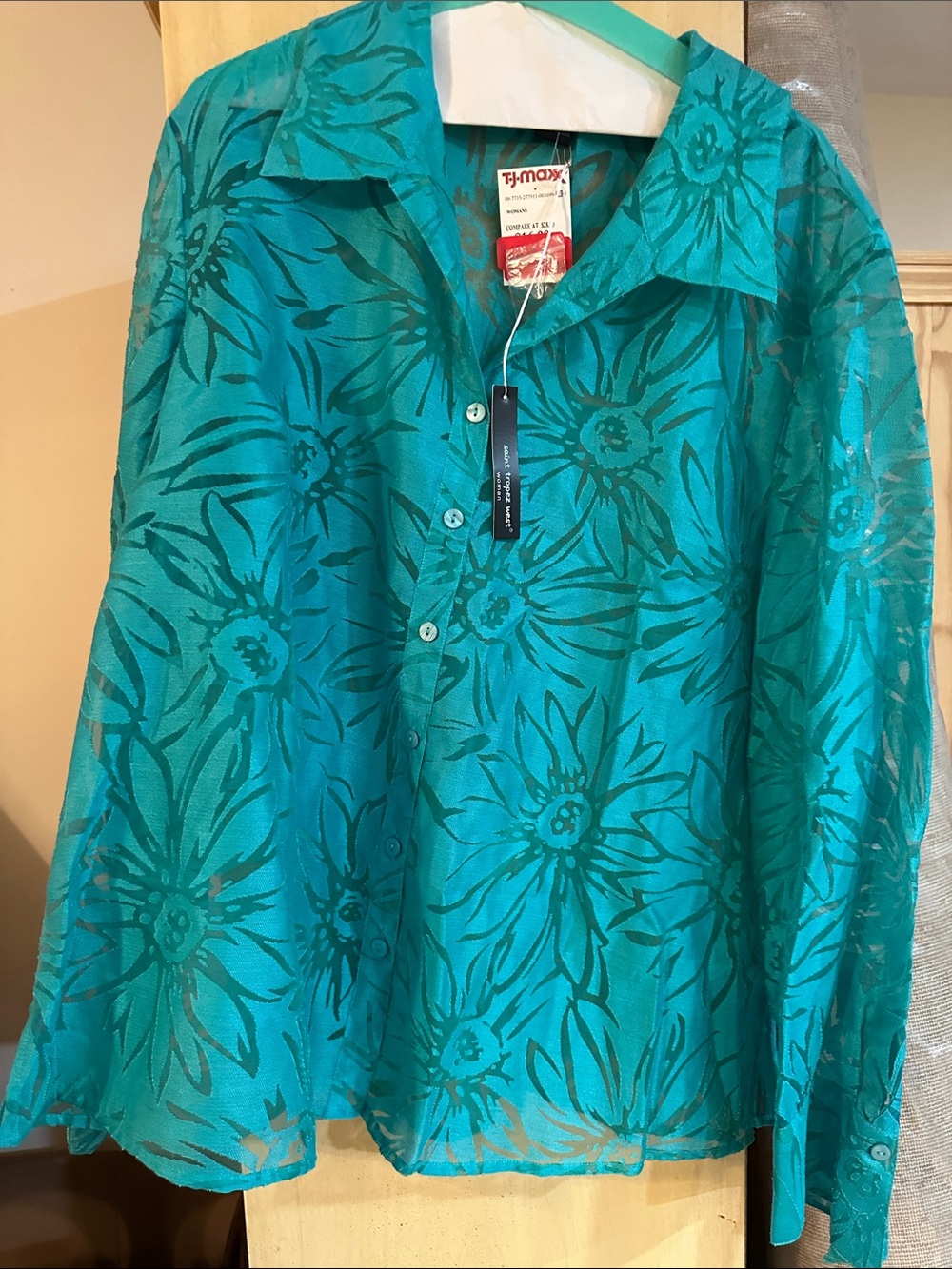 Saint Tropez West Teal Floral Sheer Button-Down Shirt